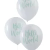 Ballonger vita med mintgrön text Hello world – 5 stycken