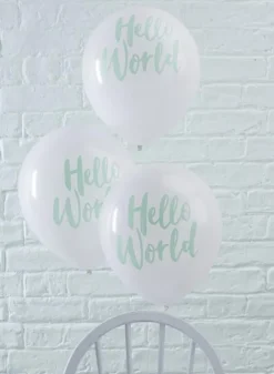 Ballonger vita med mintgrön text Hello world – 5 stycken