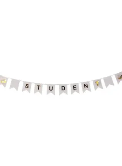 Flagbanner vitt flaggspel med guldtext och studentmössa – Student – 3 meter