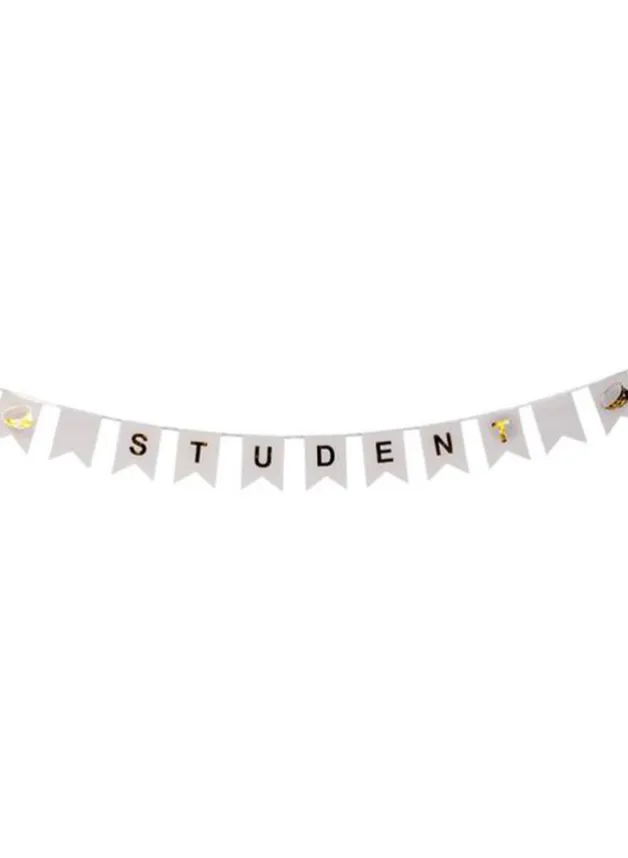 Flagbanner vitt flaggspel med guldtext och studentmössa – Student – 3 meter