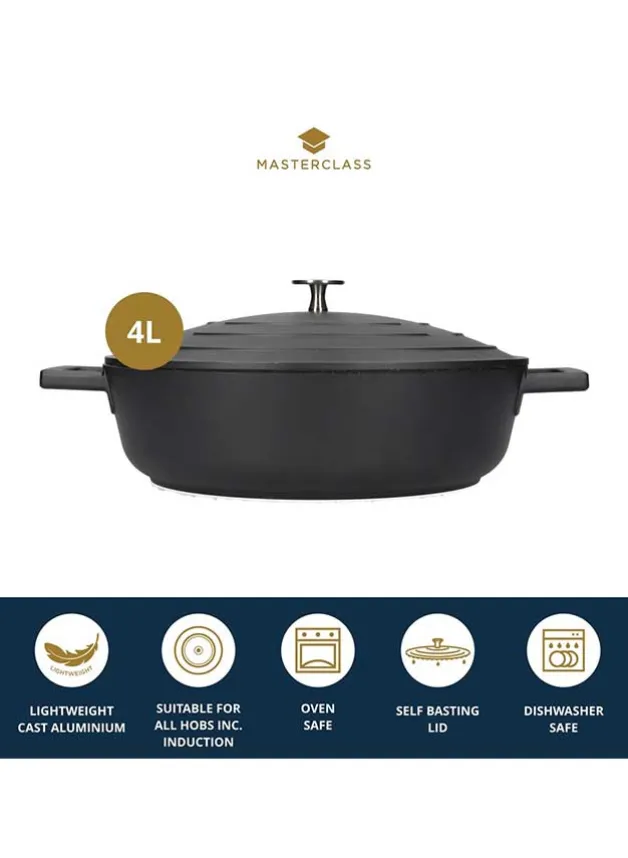 Gryta 28 cm – 4 L Gjuten Aluminium Svart Låg – Masterclass