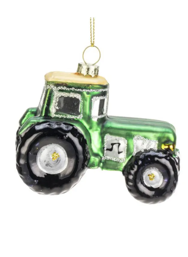 Julgransdekoration GRÖN Traktor – Julgranskula i glas 9×7 cm