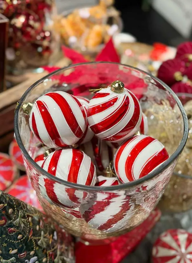 Julgranskula Vit och Rödrandig i glas 8 cm