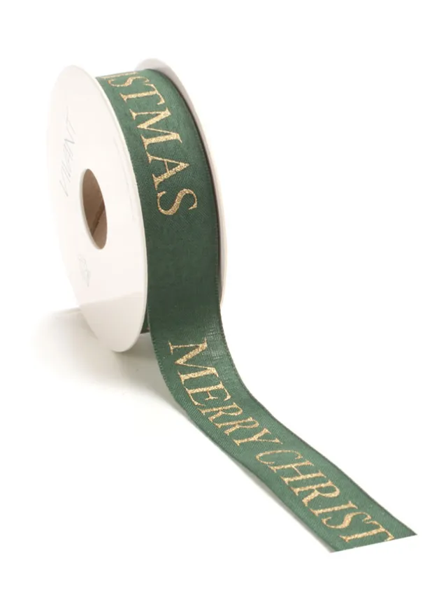 Julklappsband, GRÖNT presentband MED GULDTEXT 15 meter / 25 mm bred
