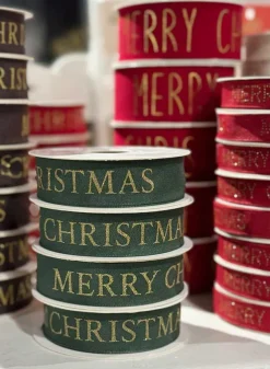 Julklappsband, GRÖNT presentband MED GULDTEXT 15 meter / 25 mm bred