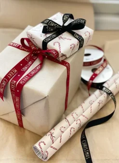 Julklappsband, presentband i RÖTT med Guldtext – Merry Christmas 15 mm – 5 meter