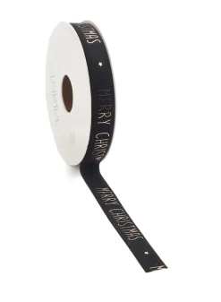Julklappsband, presentband i SVART med guldtext Merry Christmas 15 mm – 5 meter