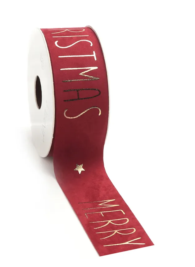 Julklappsband, presentband i RÖD sammets imitation Merry Christmas 40 mm bred – 5 meter