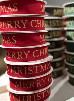 Julklappsband, RÖTT presentband med guldtext – Merry Christmas 25 mm – 15 meter