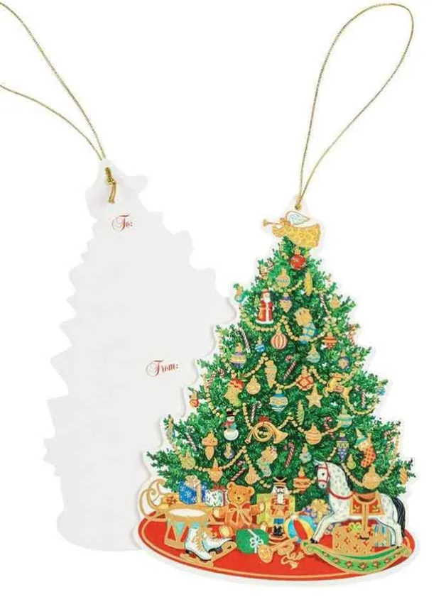Julklappsetiketter 4 stycken – Christmas Tree with toys Hang Tags – Caspari