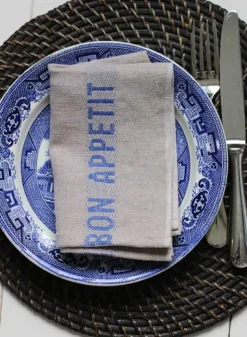 Linneservett – Bon Appetit beige/blå – 45 x 35 cm