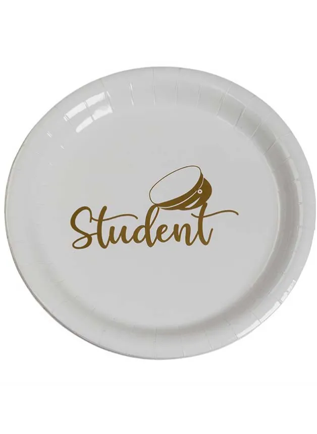 Papperstallrikar Student vit med guldtext 23 cm – 8 st