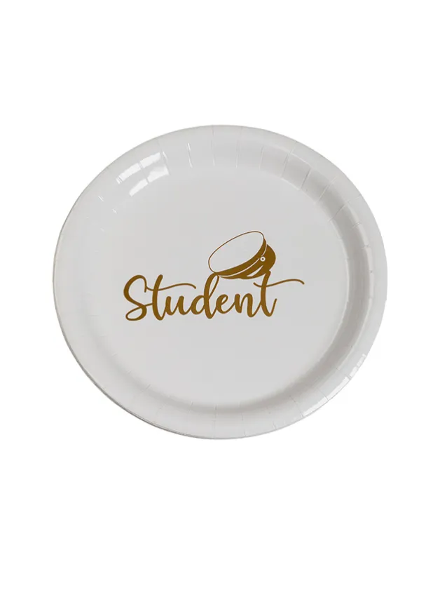 Papperstallrikar Student vit med guldtext 18 cm – 8 st