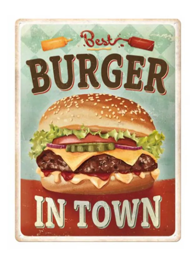 Plåtskylt ”Best Burger in Town” 30×40 cm – Nostalgic Art