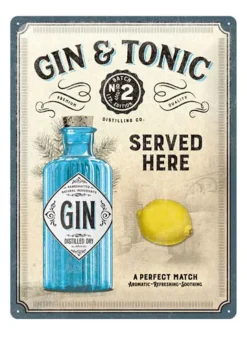 Plåtskylt ”Gin & Tonic Served Here” 30×40 cm – Vintage Design