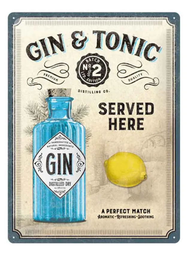 Plåtskylt ”Gin & Tonic Served Here” 30×40 cm – Vintage Design