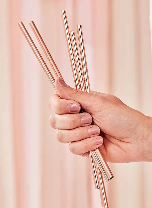 Stålsugrör Rosé Guld 5 st – Ginger Ray