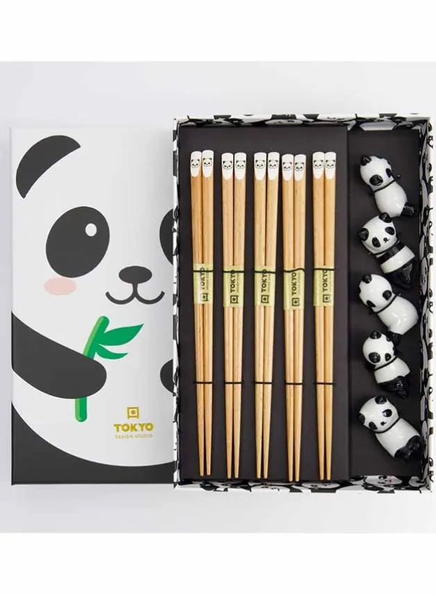 Ätpinnar Panda Brown Giftset 5 st Chopsticks och 5 st vilostenar – Tokyo Design